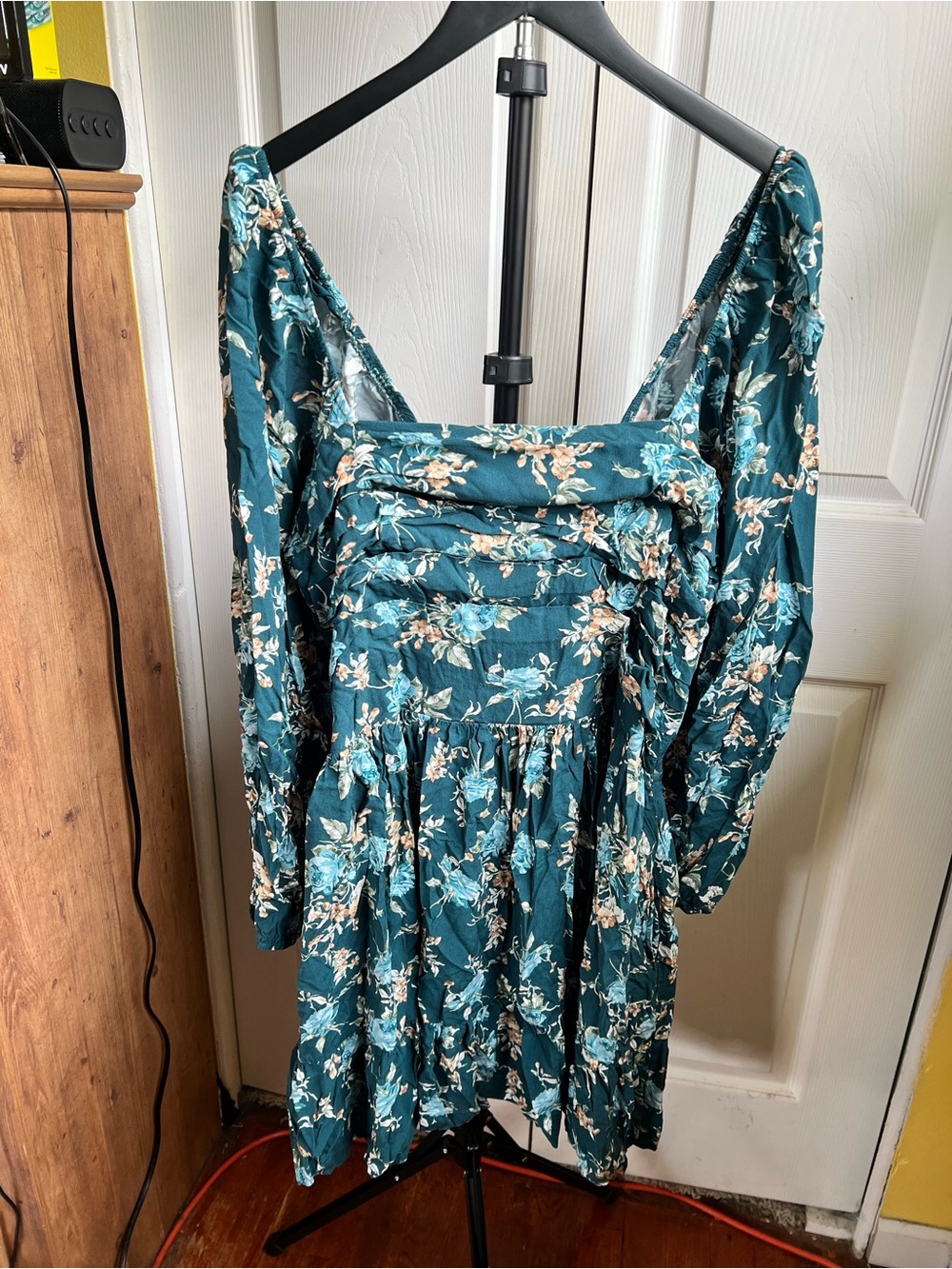 ARULA Teal Floral Long-Sleeve Square-Neck Dress